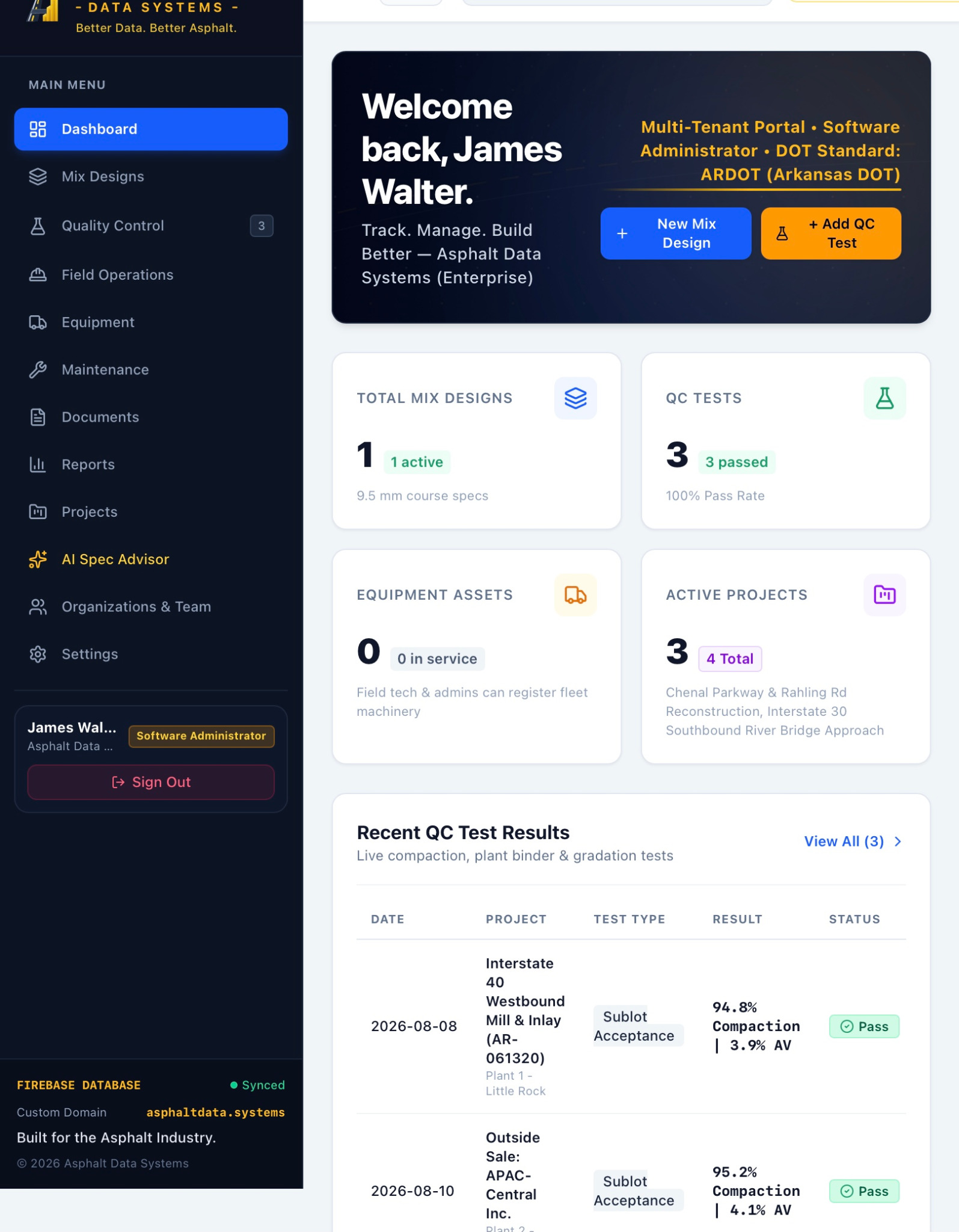 Asphalt Data Systems dashboard with module navigation and overview cards